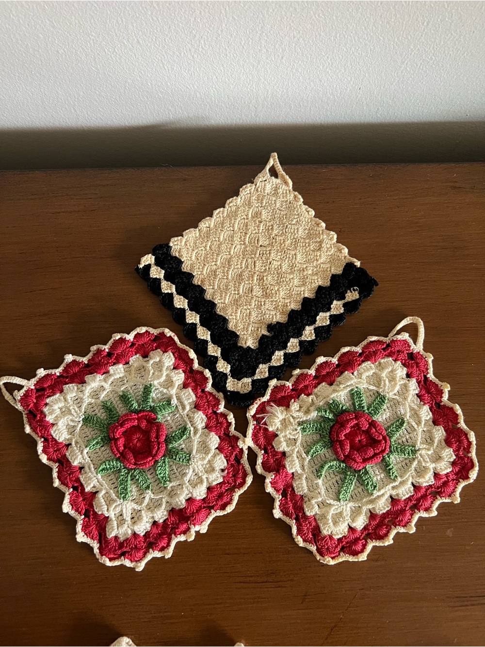 Handmade Crochet Pot Holders Set - Cream, Black & Red Floral Accents